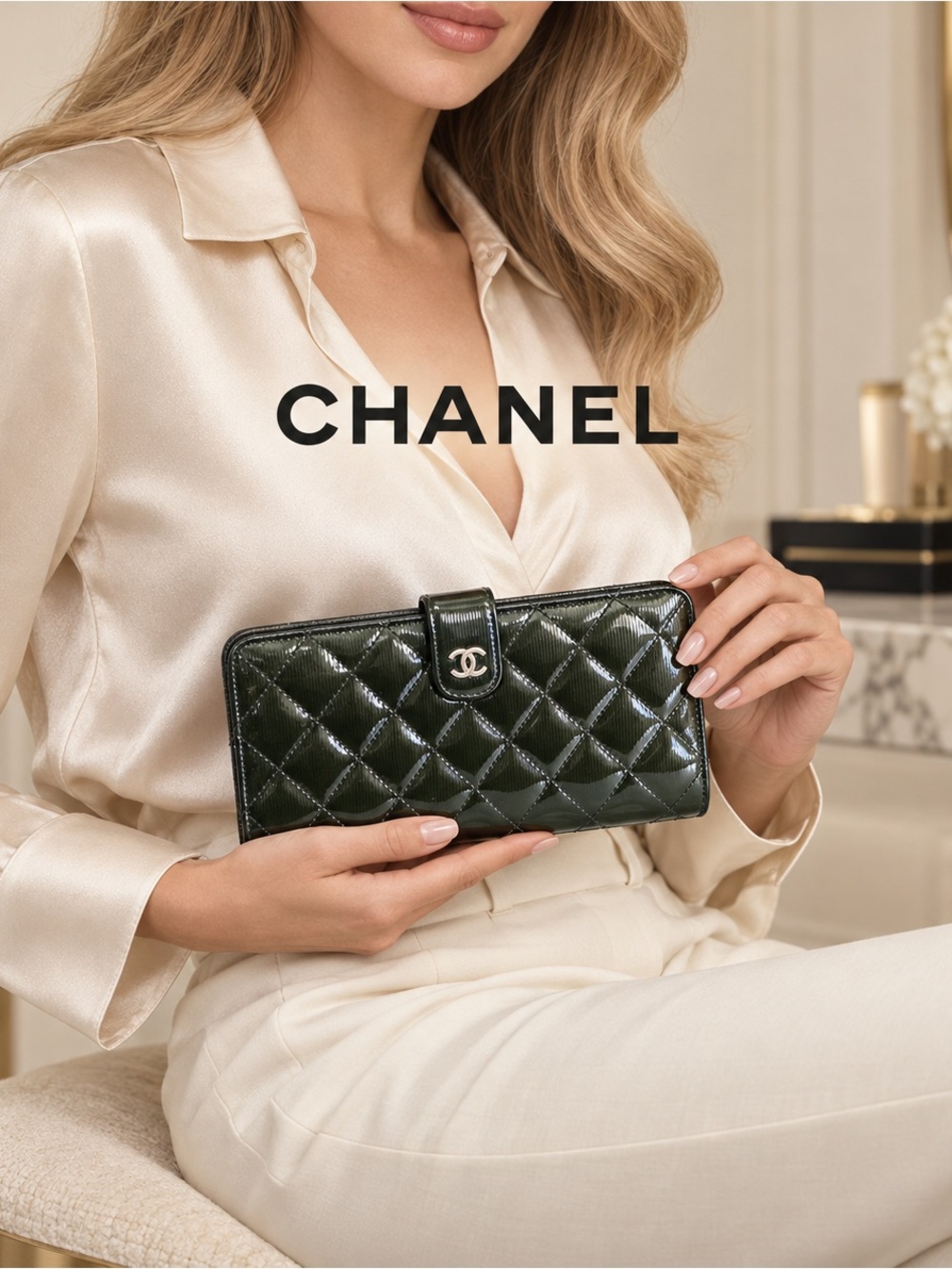 Chanel Green Quilted Patent Leather CC Long Wallet Box & COA